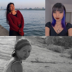 three poets: one with broad headband and light summer dress; one in red sweater and black skirt; one with cropped bangs, blue accents + a star pendant necklace