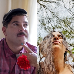 two poets: one in a small cap + dark moustache, holding a red flower; one looking up before a background of trees, long hair streaming
