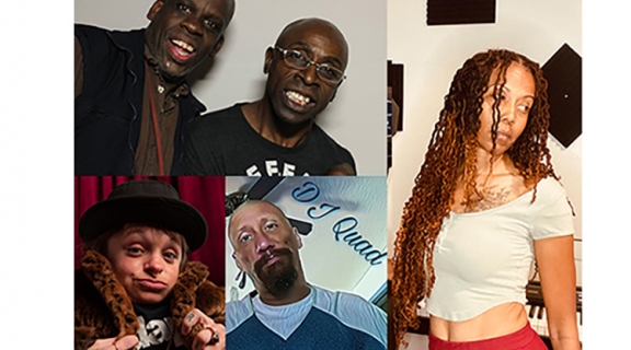 Five poets in different environments: two men together, each dressed in black with wide smiles; a woman with long unbraided hair looks over her shoulder; a man in a blue LA Dodgers’ jersey with a thick brown goatee and the words DJ Quad on the wall behind him; and a person wearing multiple rings, a black fedora, and fake fur in front of a red velvet curtain.