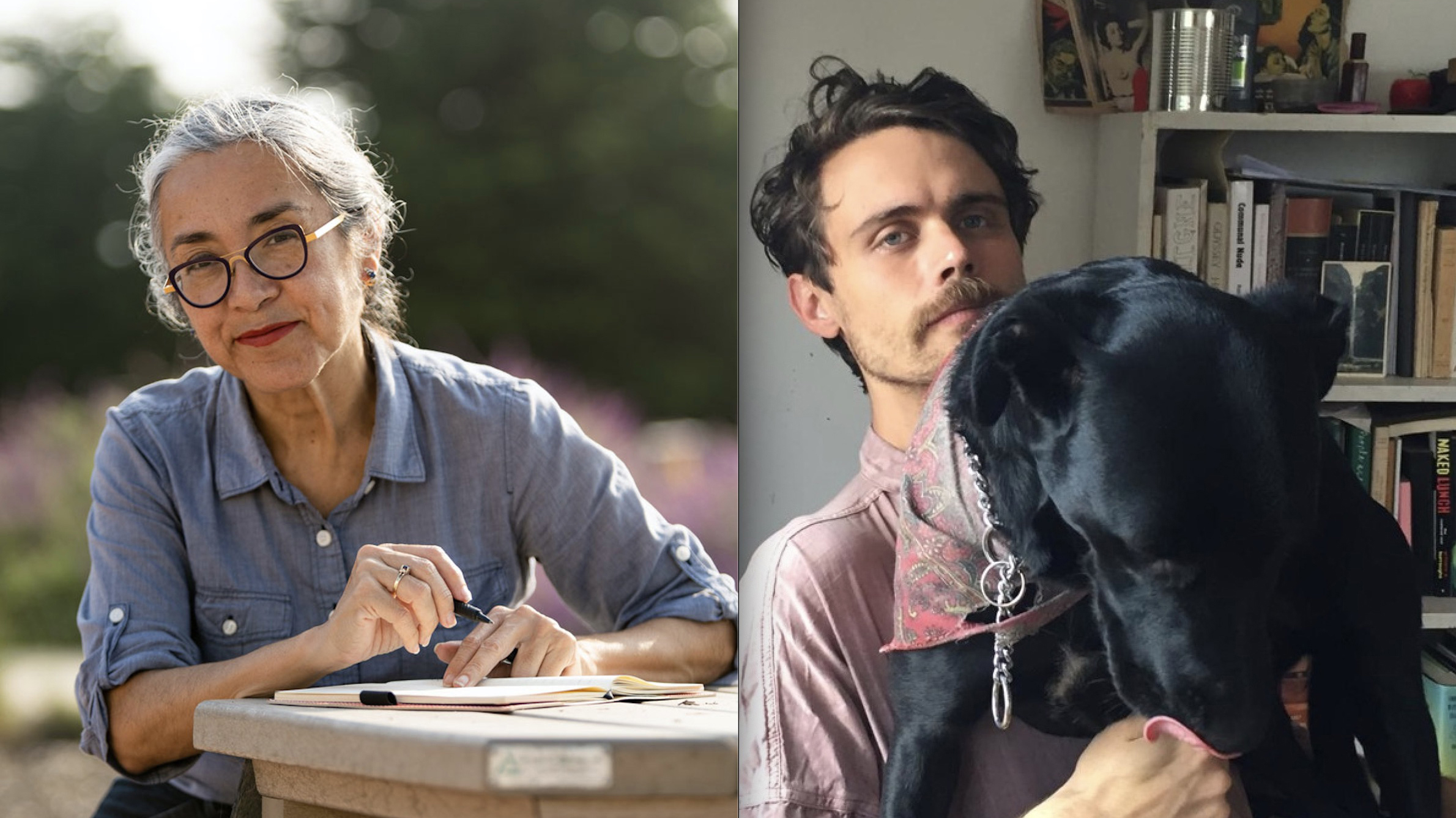color portrait photos of poet-writers Cristina Rivera Garza + Kit Schluter with his big black dog Xochi