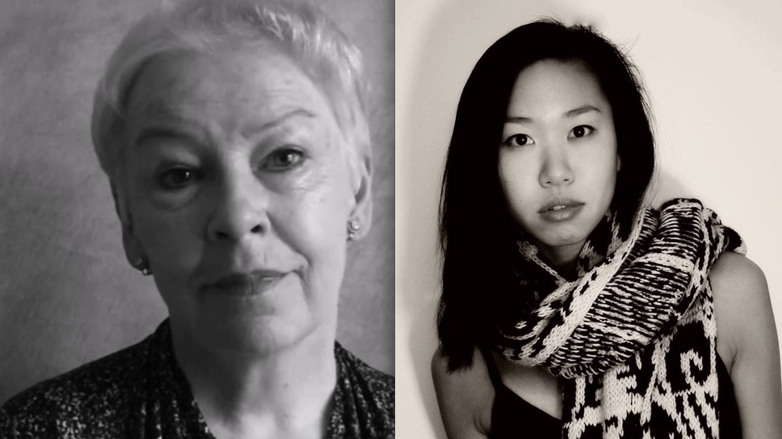 black and white portrait photos of poets Denise Riley and Jennifer Soong