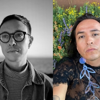 two poets, one in black and white with short cropped hair and round dark glasses, looking over our shoulder; the other lying in a bed of flowers with long blue floral pattern earrings looking straight into the camera