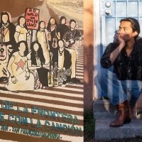 Illustration of musicians holding a sign reading "No Walls On Stolen Land" and beneath them: El muro de la frontera se rompe con la canción + a young musician partly in shadow seated on doorstep with a pale blue door behind them