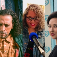 3 poets-one in striped orange shirt + green jacket, long hair + cropped beard; one in curly long hair, jean jacket, dark glasses + red lipstick; one in cropped dark hair + dark shirt before pale blue + pink mural