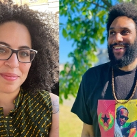 curly dark-haired woman in glasses with a green patterned shirt smiling + a smiling man, dark hair and beard wearing a beaded necklace over black t-shirt with colorful image indentified as Amilcar Cabral, a tree at their back