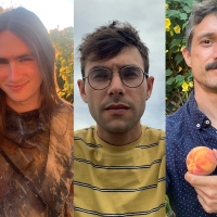 3 poets, side by side, gardens behind first and third, blue-grey sky behind the second, with the third poet holding a peach