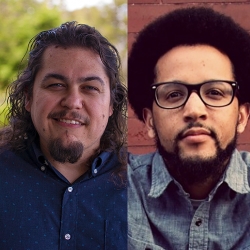 two poets, one in long hair + beard, a backdrop of green leaves; one in eyeglasses, cropped dark curly hair and beard, backdrop of red brick