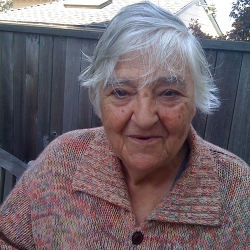a woman with straight combed short silver hair, wearing a pink and blue wool sweater, looks out from a backyard setting, a grey wood fence and neighboring rooftops behind her