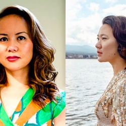 a poet in a bright green yellow blue white V-neck top, long brown hair + sharp red lipstick; a poet in profile, diaphanous silvery top, long brown hair + a body of water ullullating behind