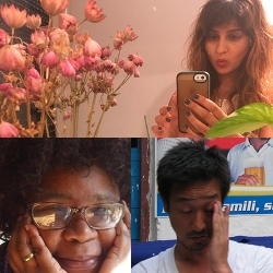 with long brown hair and cropped braids, a woman aims her phone camera at a vase of flowers; another, with dark brown curls and glasses, cradles her face in her hands, smiling; a man in white t-shirt with short dark brown hair, posed in front of a colorful billboard in Spanish, rubs his left eye, looking down