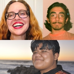 3 poets with a predominant orange & brown theme to attire and hair, the ocean at sunset adding orange accent