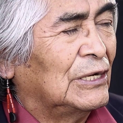 A close-up image of poet Simon Ortiz, from an angle to his right. He has straight grey hair, a red beaded earring, a burgundy shirt collar and dark jacket.