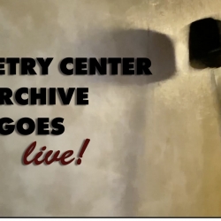 text in bold black reads Poetry Center Archive Goes Live! against stretched calfskin drumhead, with drum mallet and its shadow about to strike the drum