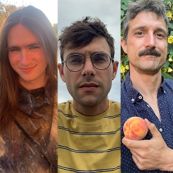 3 poets, side by side, gardens behind first and third, blue-grey sky behind the second, with the third poet holding a peach