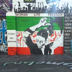 painting in outline of a woman cutting her hair before the green white and red flag of Iran, beneath the words WOMAN. LIFE. FREEDOM.