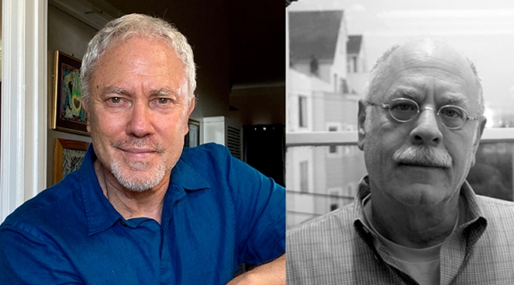 Two men look directly into the camera, Aaron Shurin, white hair and cropped beard, in a blue sports shirt, and Bob Glück, in black & white on his porch at home