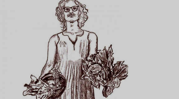 drawing in brown on white background of a man in long hair and glasses, a long garment draped full length, his hands holding out an abundance of leafy vegetables