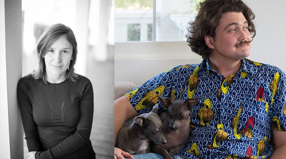 a poet depicted in black and white, long straight hair, smiling before a window; a second poet cuddling two small grey dogs, the poet's mustache pronounced and a multi-color shirt, face in profile