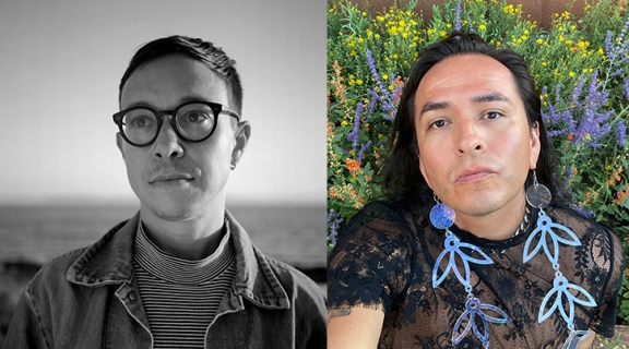 two poets, one in black and white with short cropped hair and round dark glasses, looking over our shoulder; the other lying in a bed of flowers with long blue floral pattern earrings looking straight into the camera