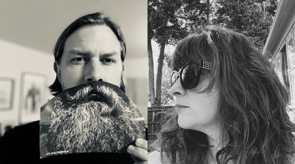 two poets in b&w photos: one with a false paper beard, avid stare, hair combed back; one in shades, long dark hair with a forest behind them