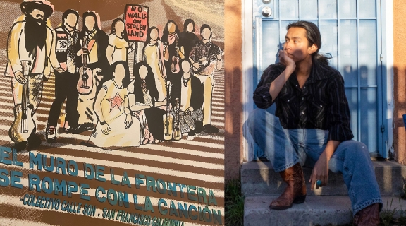 Illustration of musicians holding a sign reading "No Walls On Stolen Land" and beneath them: El muro de la frontera se rompe con la canción + a young musician partly in shadow seated on doorstep with a pale blue door behind them
