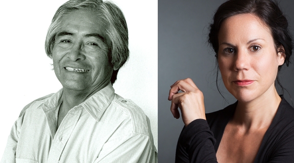 Poets Simon Ortiz, in a white shirt with straight grey hair, smiling, and Jennifer Foerster, in a dark stretch top with dark hair tied back, her hand raised to her shoulder