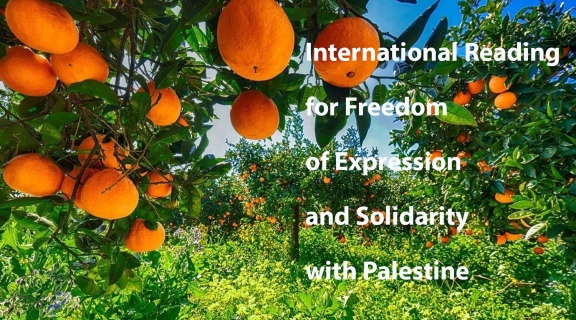 white text on a background of orange trees reading: International Reading for Freedom of Expression and Solidarity with Palestine