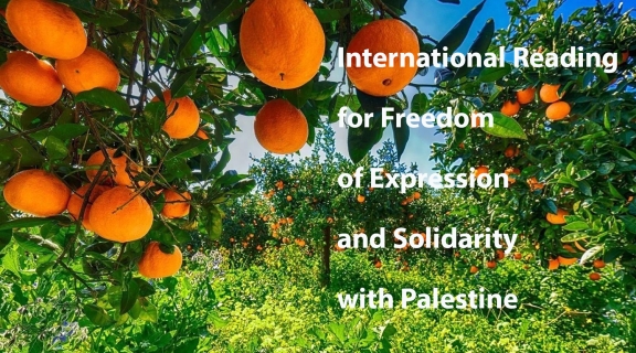 white text on a background of orange trees reading: International Reading for Freedom of Expression and Solidarity with Palestine