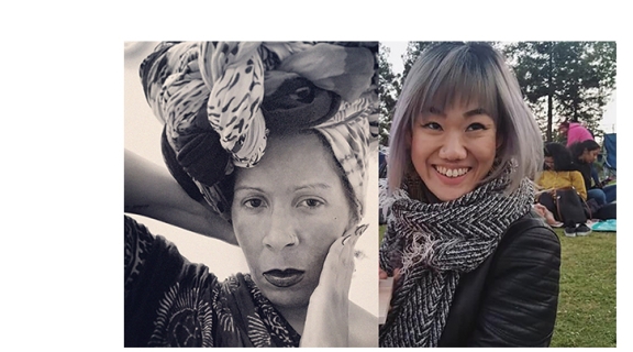 one woman with her hands to her head with an elaborate head wrap; a second woman, hair colored silver, smiling and wearing a scarf in an outdoor park